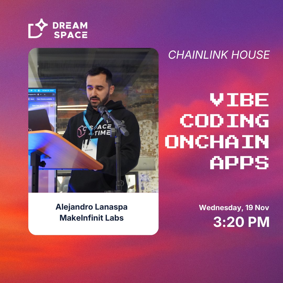 dreamspaceHQ's tweet image. pull up to @chainlink House at 3:20pm and learn how to build and deploy onchain apps in the time it takes to drink an iced latte ✨

Alejandro&apos;s walking through it live. no code needed.
stay for the happy hour after courtesy of @spaceandtime yay 💘