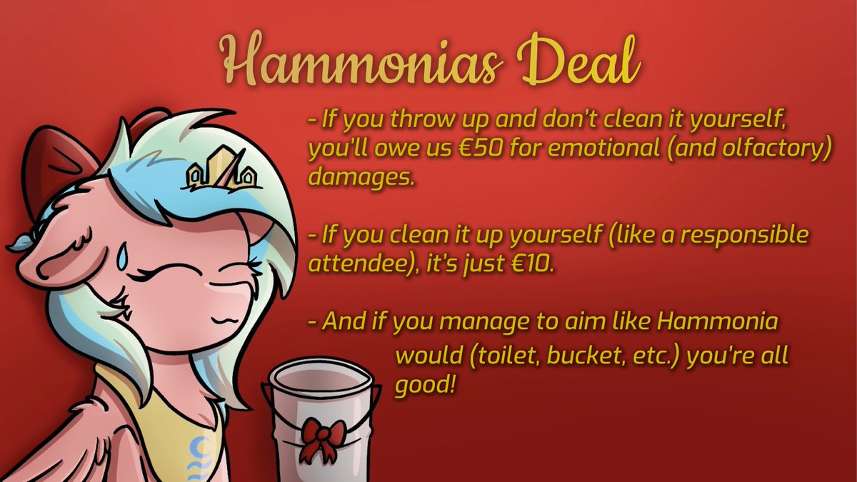 Hammonia loves to have a drink from time to time as much as you all do, but even she knows when to stop before things get… “messy”.
Let’s keep the spirit bright, the floor clean, and the air “breathable” and follow her rules: