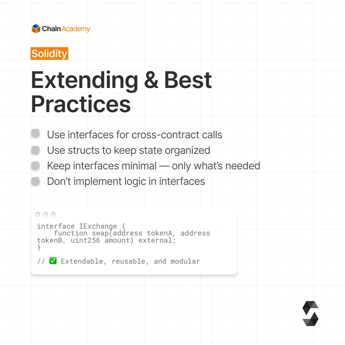 chainacademy_'s tweet image. Solidity Interfaces &amp;amp; Structs, simplified. 

Interfaces = how contracts talk.
Structs = the data they use.

Another easy-to-access tutorial in our Solidity series. 

#Solidity #Web3Learning #LearnToCode #ChainAcademy #LimitlessLearning