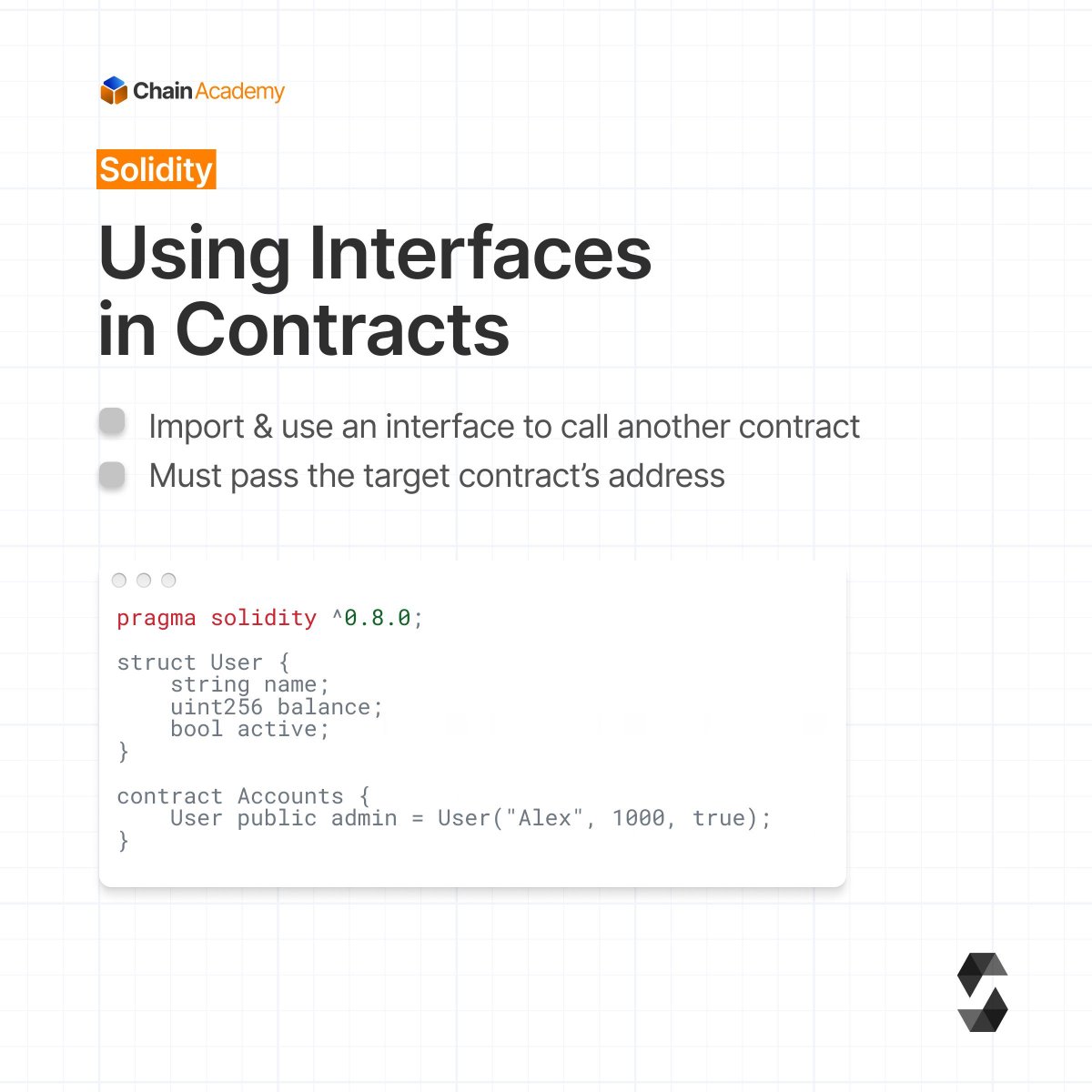 chainacademy_'s tweet image. Solidity Interfaces &amp;amp; Structs, simplified. 

Interfaces = how contracts talk.
Structs = the data they use.

Another easy-to-access tutorial in our Solidity series. 

#Solidity #Web3Learning #LearnToCode #ChainAcademy #LimitlessLearning
