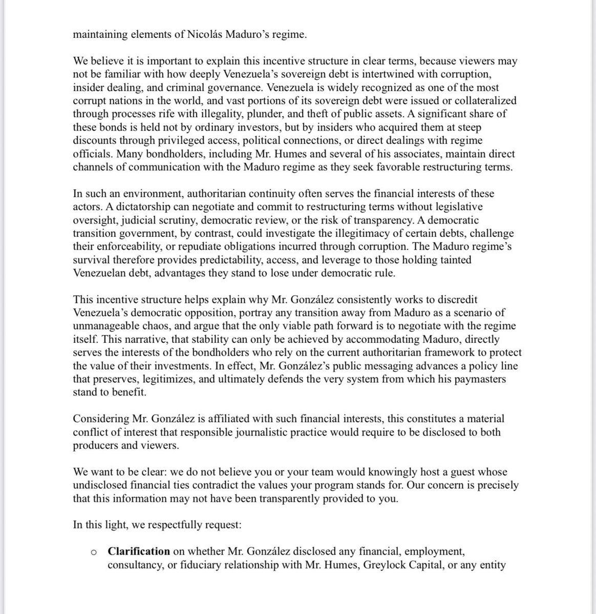 SergioNovelliE's tweet image. La Human Rights Foundation pidió explicaciones a CNN por invitar a Juan González sin revelar posibles vínculos con acreedores de la deuda venezolana. Acusan conflicto de interés y piden transparencia para evitar narrativas que favorezcan al régimen de Maduro.