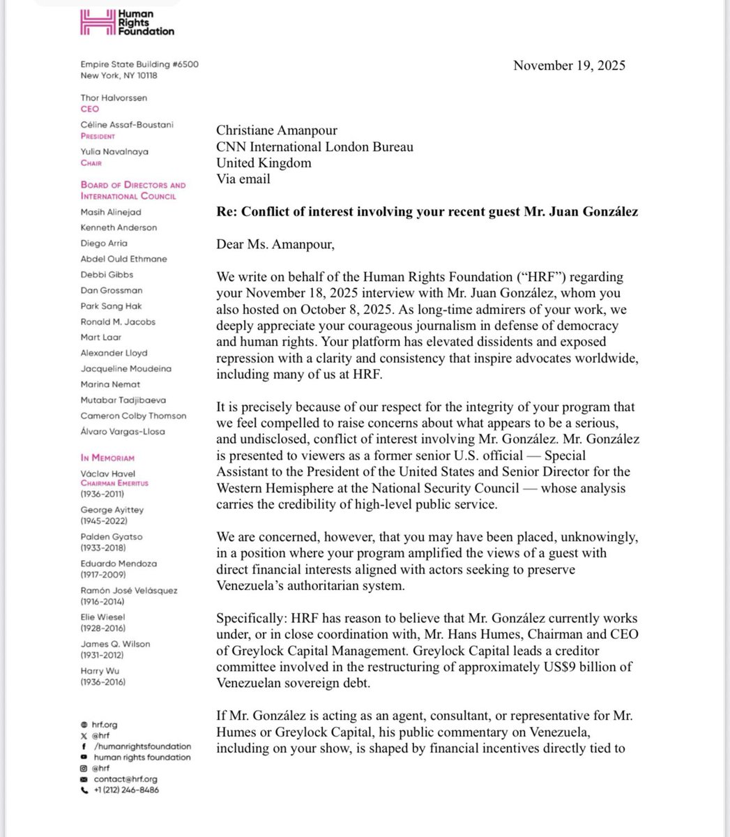SergioNovelliE's tweet image. La Human Rights Foundation pidió explicaciones a CNN por invitar a Juan González sin revelar posibles vínculos con acreedores de la deuda venezolana. Acusan conflicto de interés y piden transparencia para evitar narrativas que favorezcan al régimen de Maduro.