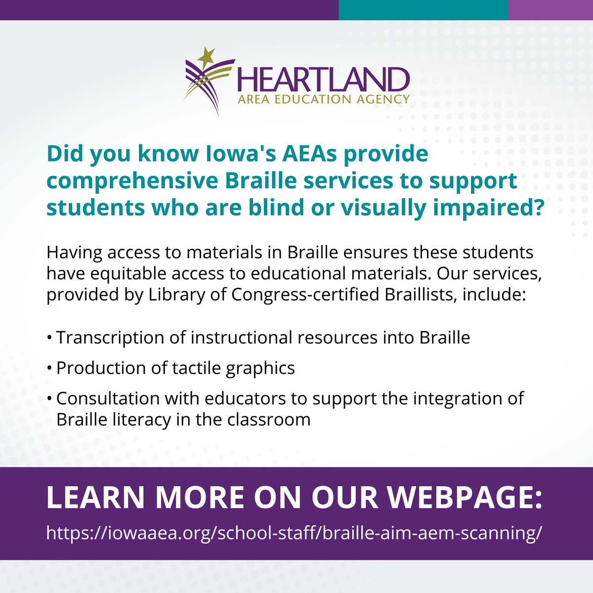 HeartlandAEA's tweet photo. 🤔 Did you know Iowa AEAs provide Braille services to support students who are blind or visually impaired? Our certified Braillists tailor materials to each student’s learning stage — building confidence &amp; fluency. 

🔗 https://t.co/kIGzpBMkAj

#EveryDayAtHeartlandAEA 💜💚 https://t.co/za4Zgkpadc
