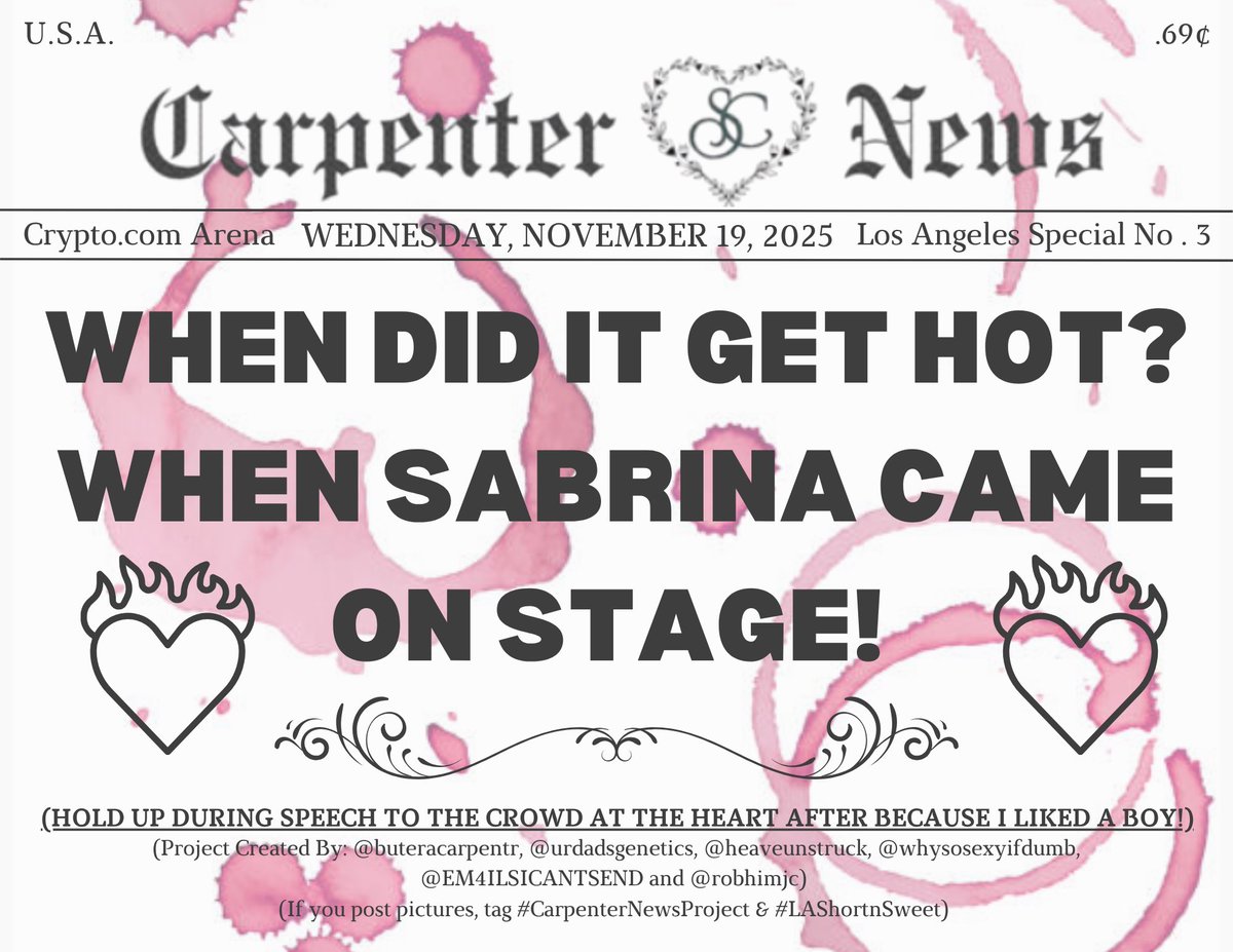 urdadsgenetics's tweet photo. halfway through our #LAShortnSweet shows (😭)
sabrina wants to know what happened to posters so i need yall to get yourself a copy of the #CarpenterNewsProject & lock in tonight ok 🙂↕️🙂↕️ find a project lead at the arena for a copy or print here! https://t.co/BGNGijuobm https://t.co/oqygR2cPfz