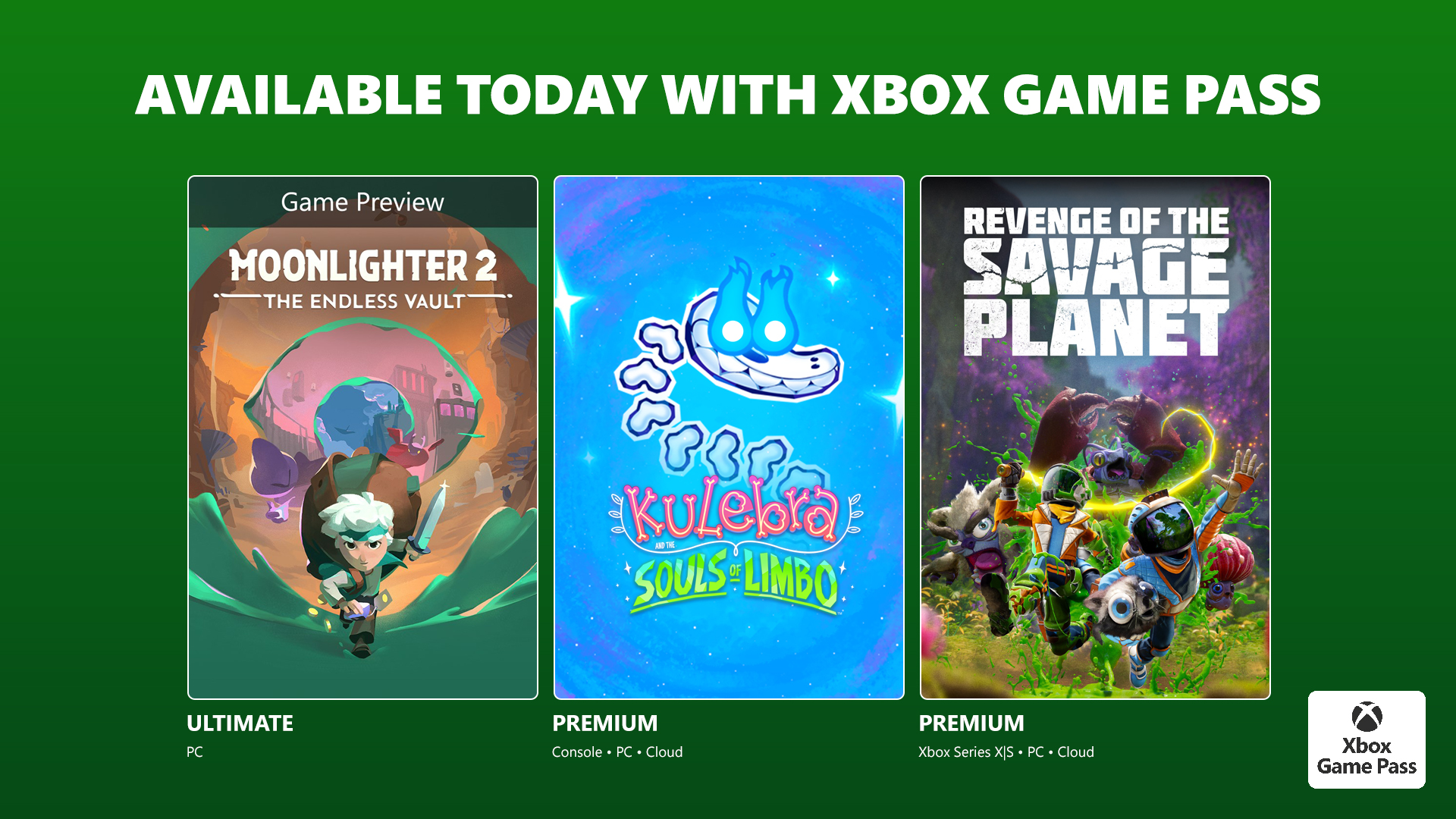 Moonlighter 2: The Endless Vault, Kulebra and the Souls of Limbo, and Revenge of the Savage Planet are available today with Xbox Game Pass.