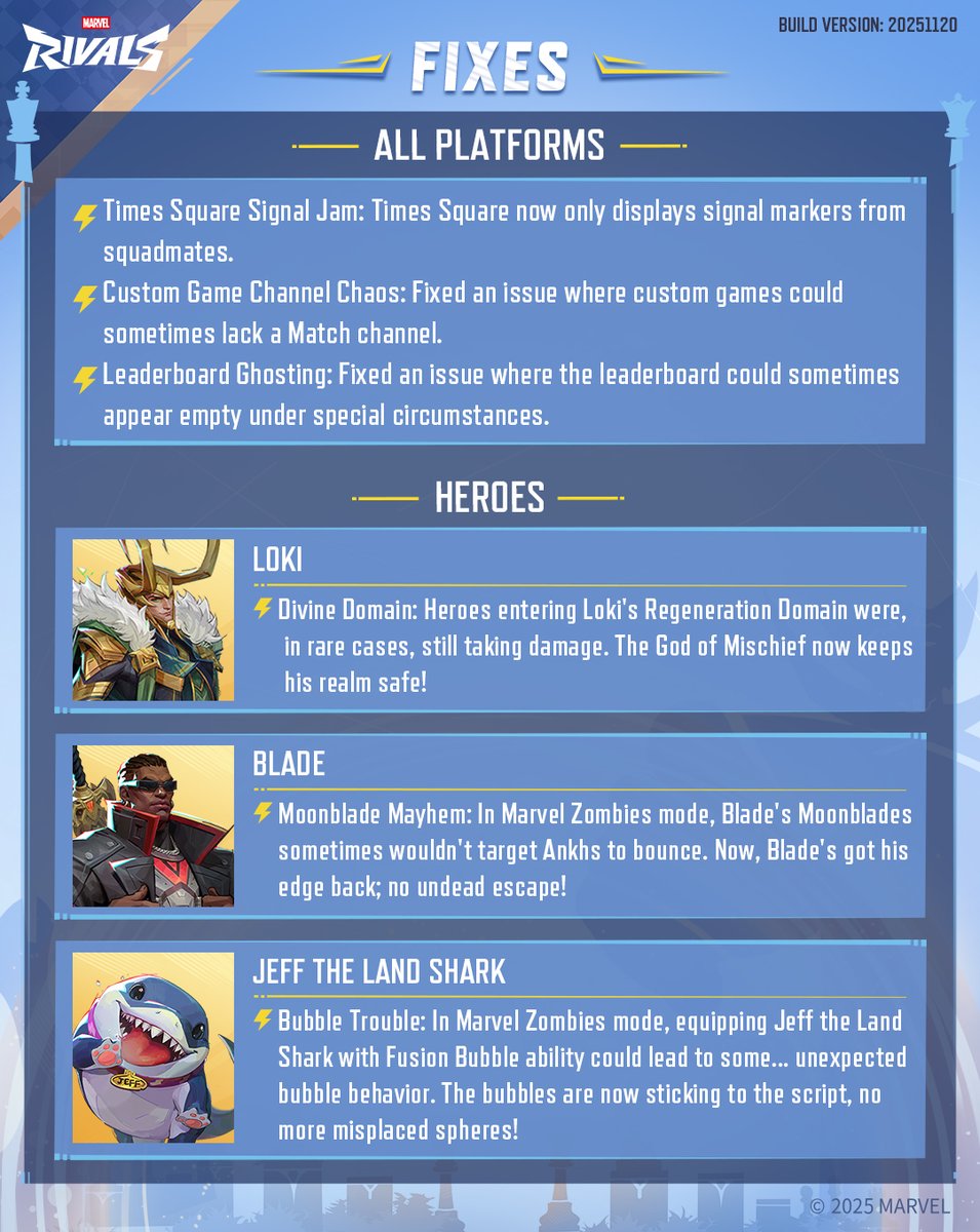 📜 A new patch is heading your way on November 20th at 9 AM UTC!

Discover all the latest changes, updates, and additions here &gt;&gt; marvelrivals.com/gameupdate/202…

No server downtime! Update your game client and jump back into the action.