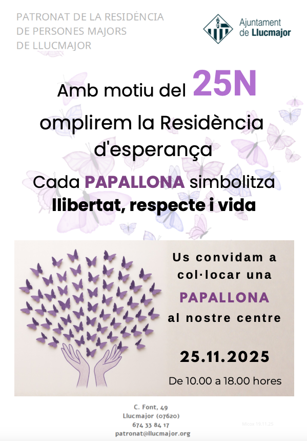 📅 25N 🦋 Us hi esperam!! 📍 Residència de Llucmajor.

-----

📅 25N 🦋 Os esperamos!! 📍 Residencia de Llucmajor.