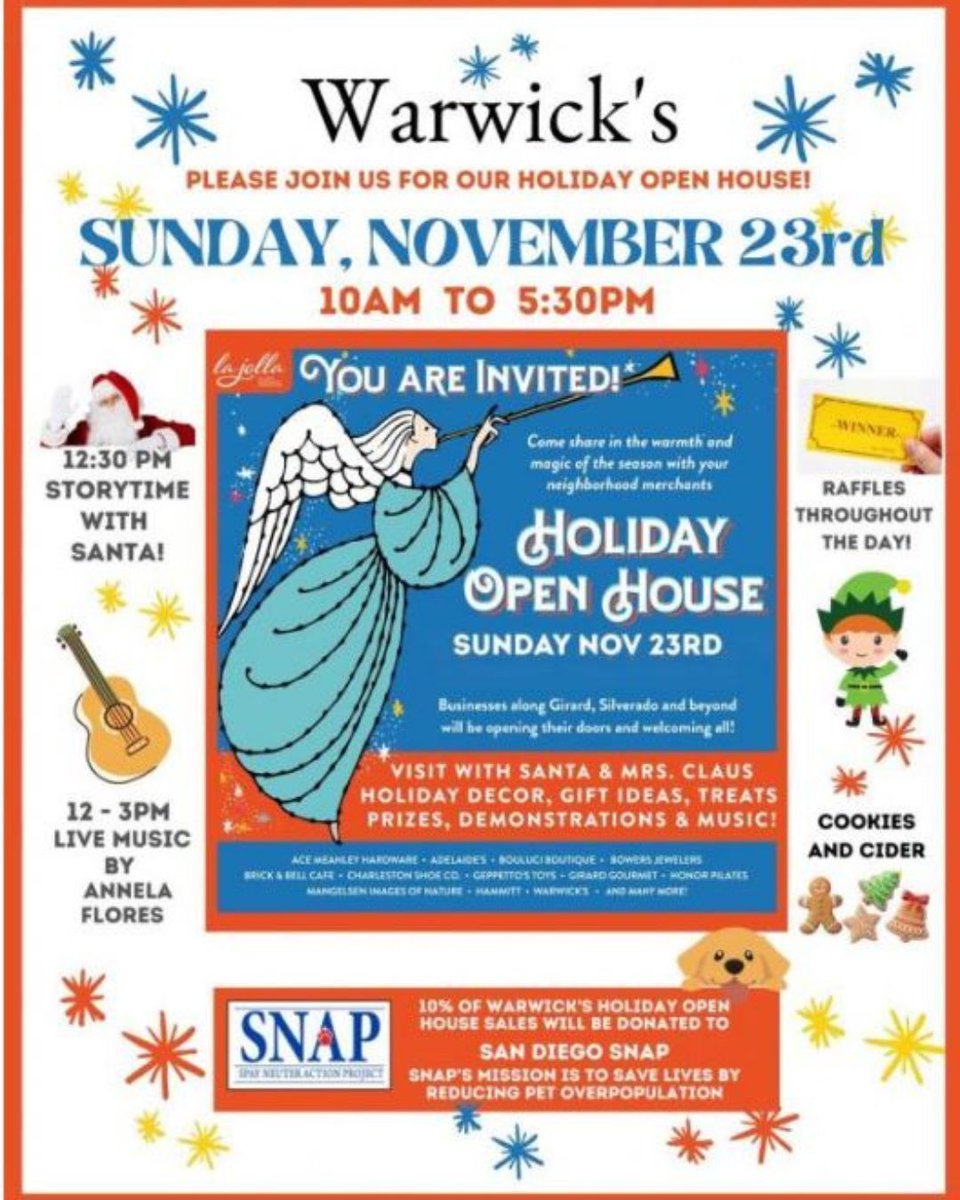 SNAPspayneuter's tweet image. 🎄✨ Warwick’s Has More Than Just Books — And They’re Supporting SNAP! ✨🎄

✨ BONUS: RSVP for discounted parking!
Warwick’s is offering a special parking discount for attendees.
👉 RSVP here: warwicks.com/event/open-hou…

#SNAPSanDiego
#WarwicksLaJolla
#BookstoreLove