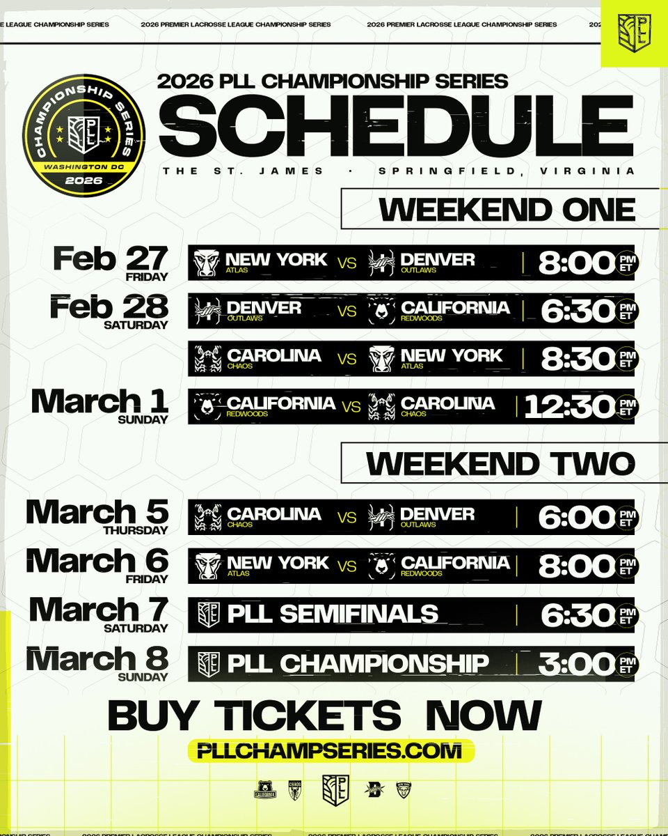 PremierLacrosse's tweet image. Our Schedule for the 2026 Championship Series is set! 🗓️⏳

Coming to Washington, D.C. this February 27-March 8. All tickets are on sale NOW at the link below! 

🎟️: premierlacrosseleague.com/championship-s…