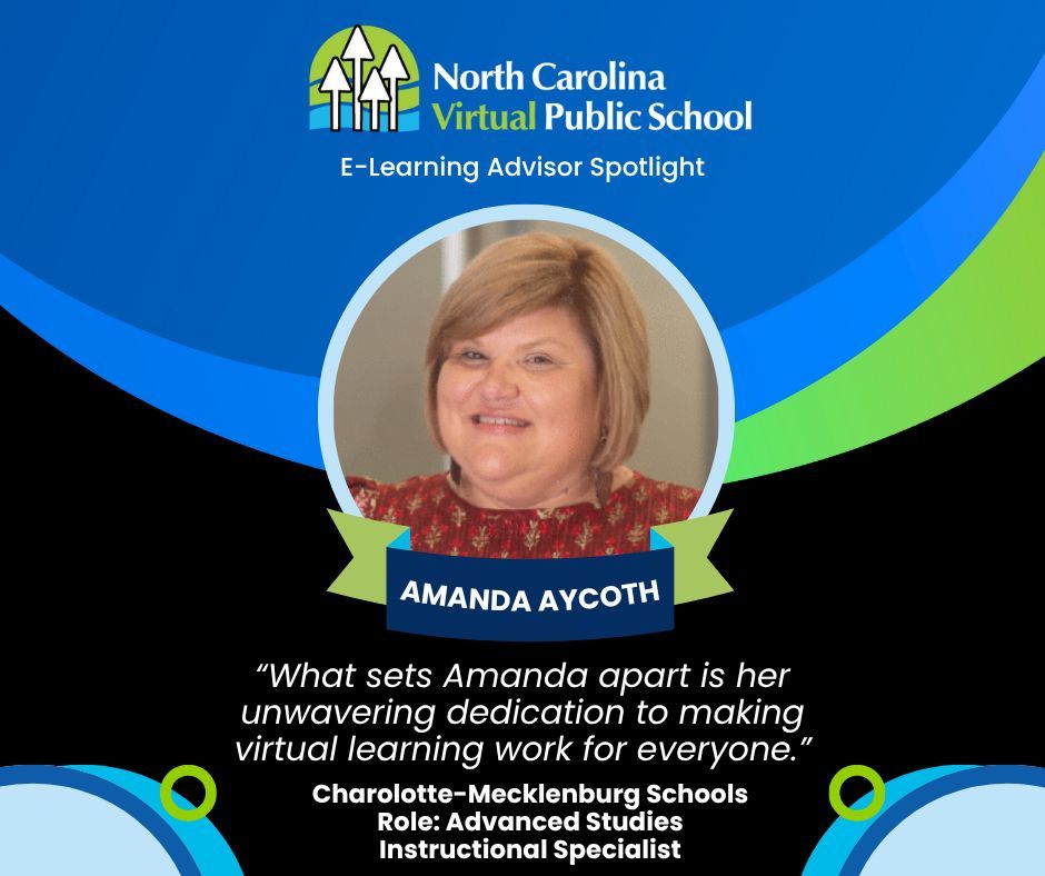 ncvps's tweet image. 🌟 Meet Amanda Aycoth of Charlotte-Mecklenburg Schools! Her dedication and expertise make virtual learning work for everyone. 💙 #NCVPS #ELASpotlight