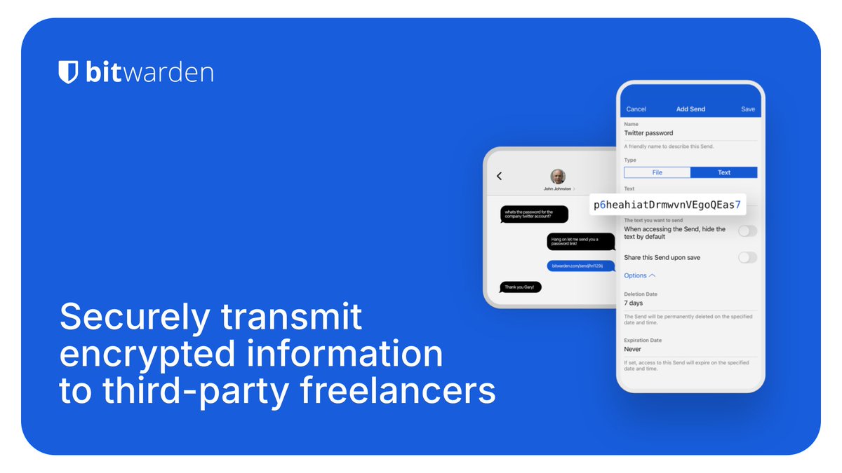 Bitwarden's tweet image. With Bitwarden Send, easily transmit encrypted files or text to anyone, including outside freelancers, contractors, or agencies. Sign up for a free business trial to give it a try:  btwrdn.com/4ifZBGr #passwordsecurity