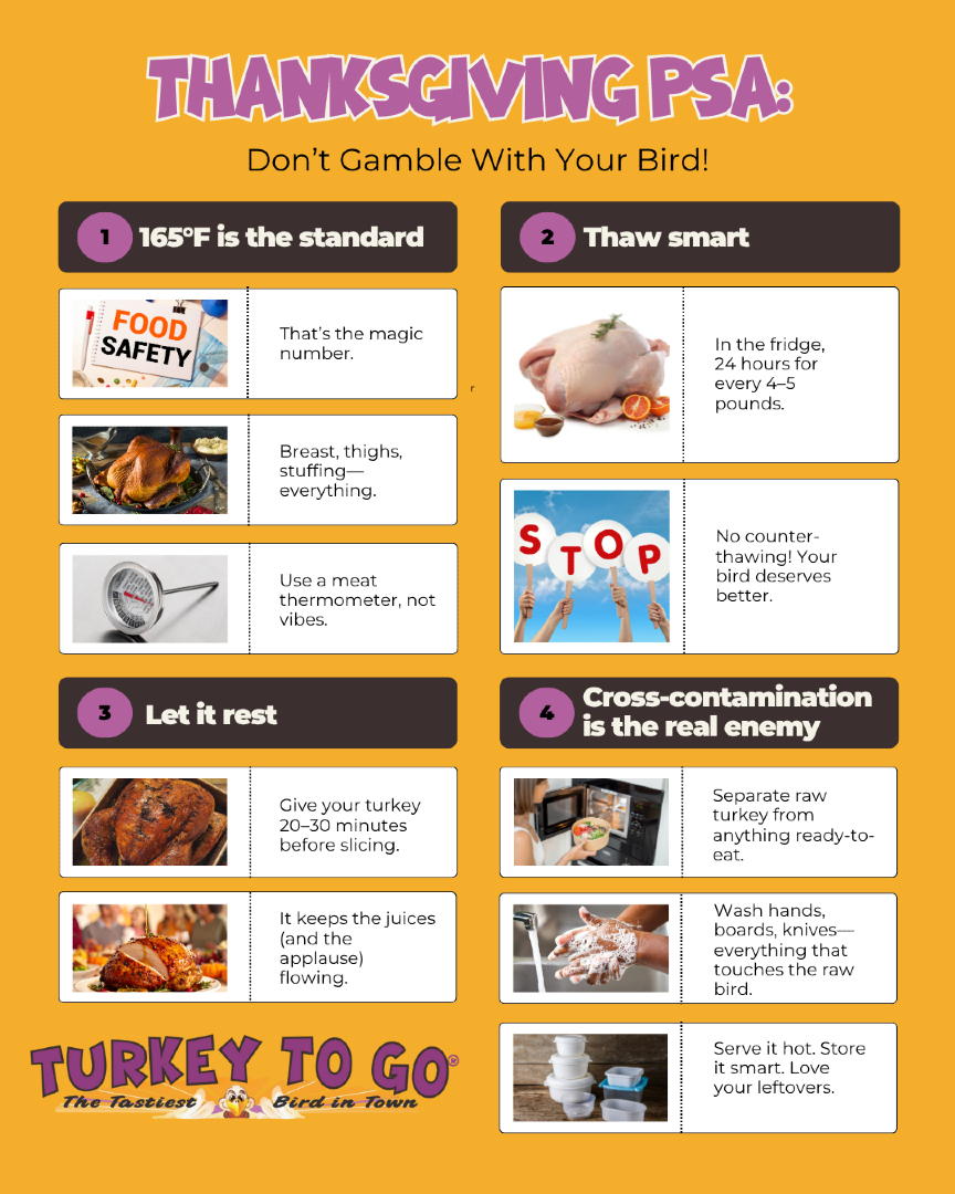 TurkeyToGo's tweet image. Quick reminder for all the home chefs out there:
Don’t guess—thermometer that bird!
165°F = juicy AND safe.
Thaw slowly, keep surfaces clean, and save those leftovers (the best part 👀).
Stay safe &amp;amp; eat well, Minnesota! 🔥🦃