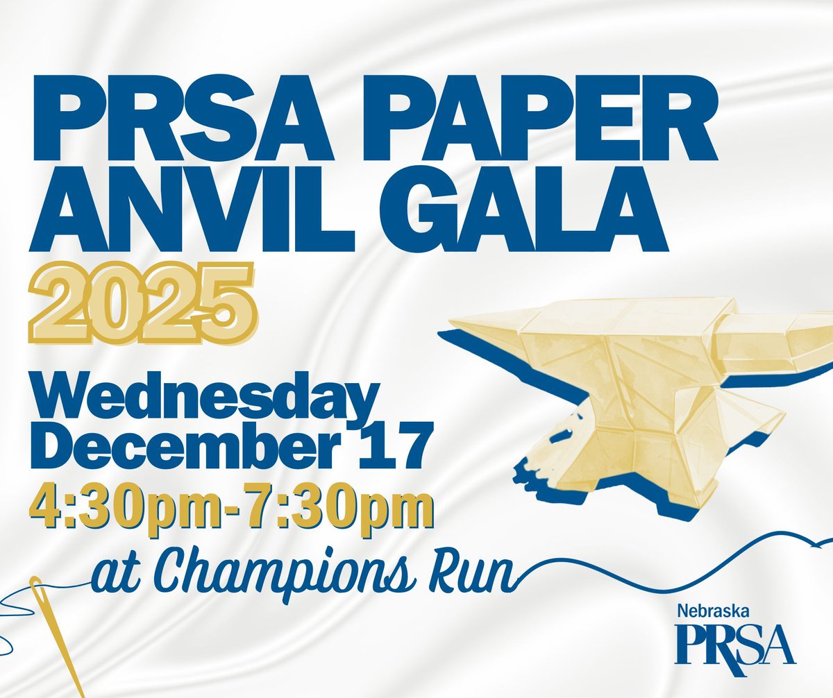 Save the date! 🎉
The 2025 PRSA Nebraska Paper Anvil Awards are happening Dec. 17 at Champions Run!

Celebrate the best PR, marketing &amp; comms work of the year + enjoy great company, appetizers &amp; drinks.

🎟️ Get your tickets now: buff.ly/WjiAA92 
#PRSANebraska #PR