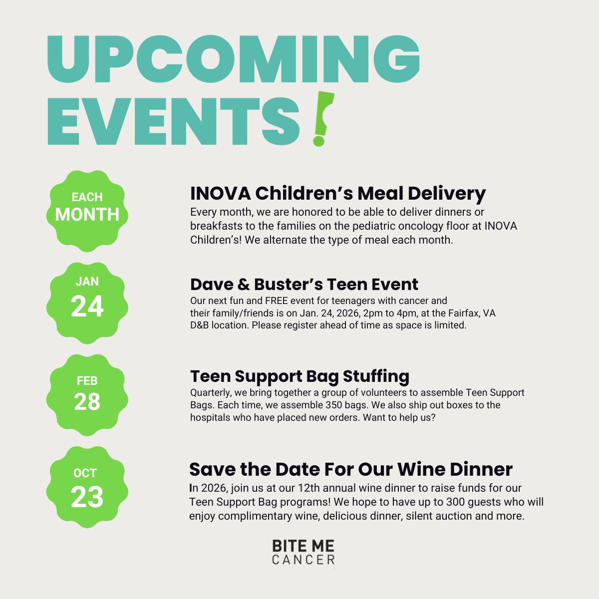 bitemecancerorg's tweet image. Here are some of our upcoming events. We continue to support teenagers with cancer through a variety of our work.  Please note our 2026 "Save the Date" for our next annual wine dinner fundraiser!