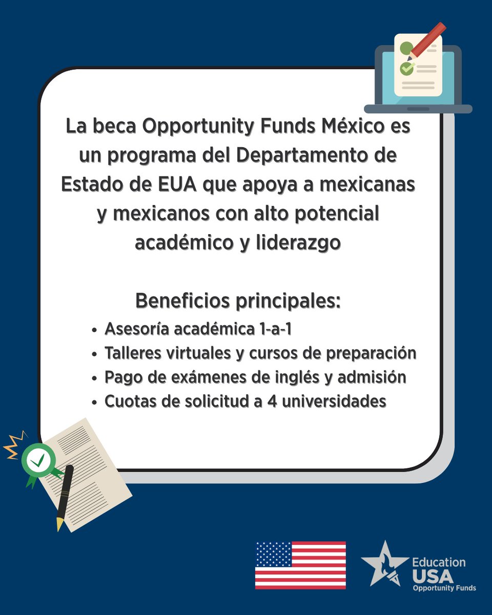 USEmbassyMEX's tweet image. 🎓 ¿Ya conoces la beca Opportunity Funds México de EducationUSA?
 ➡️ Desliza y descubre cómo esta beca puede ser tu primer paso para estudiar en universidades de EUA y alcanzar tus metas académicas y sueños profesionales.
#OpportunityFundsMX #EducationUSA #StudyWithUS…