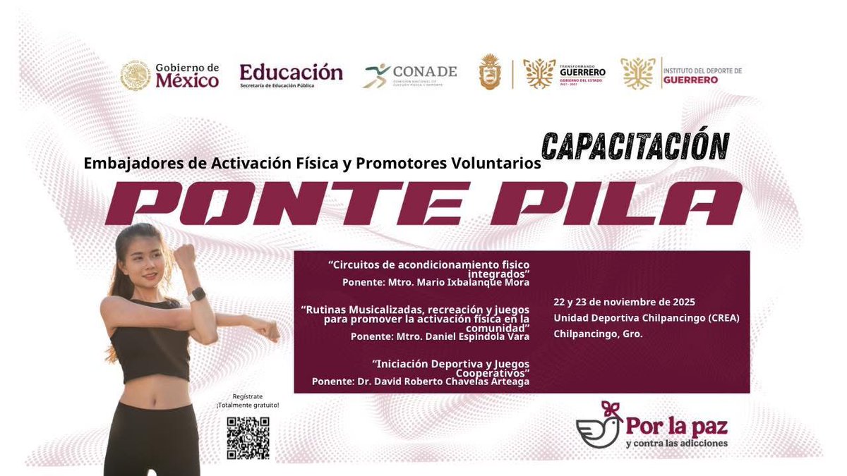 Gob_Guerrero's tweet photo. 🏃🏻♀️➡️ Únete a la capacitación “Ponte Pila” dirigido a embajadores de activación física y promotores voluntarios. #CONADE #INDEG #PontePila
🗓️ 22 y 23 de noviembre
📍 Unidad Deportiva Chilpancingo (CREA)
Chilpancingo, Gro.
Inscríbete gratis 👉🏻 https://t.co/Yj1bqxA2Bs https://t.co/WwJBlgjOsV
