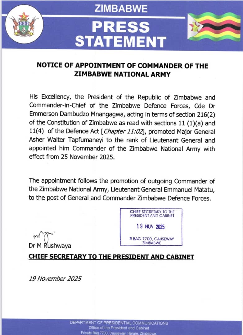 ZBCNewsonline's tweet image. PRESIDENT Emmerson Mnangagwa has promoted Lieutenant General Emmanuel Matatu to the rank of General and appointed him Commander Zimbabwe Defence Forces with effect from 21 November 2025.

f.mtr.cool/efjkqzmseo