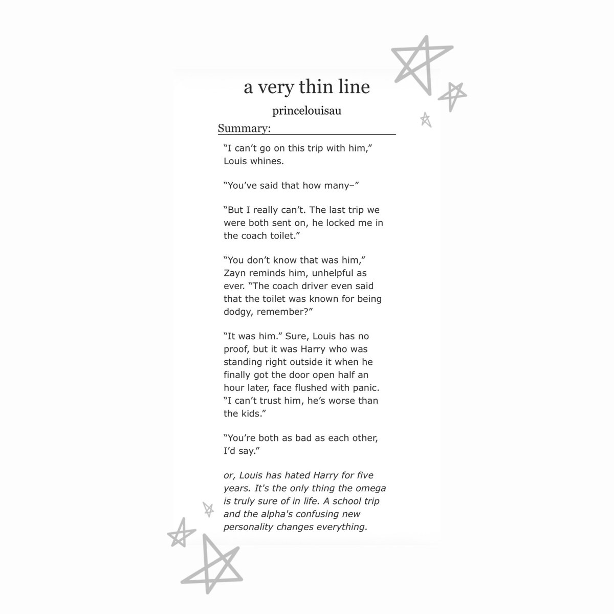 platonicrose's tweet photo. ★ a very thin line ★

• 40k | larry | omegaverse | rivals to friends to lovers

for the @alphaharryff 

https://t.co/3YKY7h3VkB https://t.co/9Fng0zqHFQ