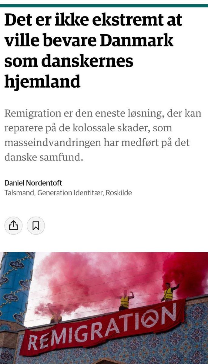 Nordentoft1993's tweet image. 🇩🇰Det er ikke ekstremt at ville bevare Danmark som danskernes hjemland! 

🗞️Jeg skriver i dag i Jyllands-Posten, at remigration er den eneste løsning, der kan reparere på de kolossale skader, som masseindvandringen har påført det danske samfund.

Se mere👇#dkpol #dkmedier
