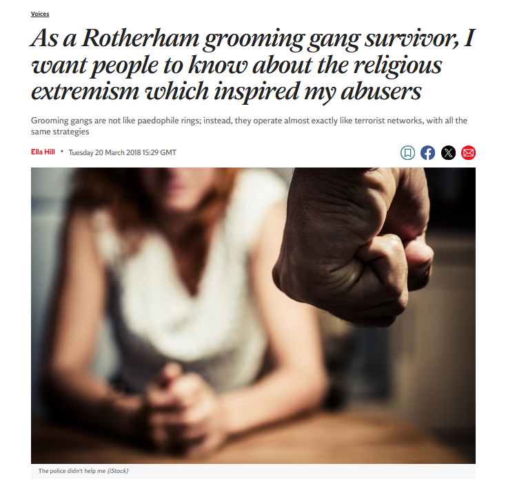 Babygravy9's tweet image. From the mouth of an English grooming-gang victim:

As a teenager, I was taken to various houses and flats above takeaways in the north of England, to be beaten, tortured and raped over 100 times. I was called a “white slag” and “white c***” as they beat me.

They made it clear…