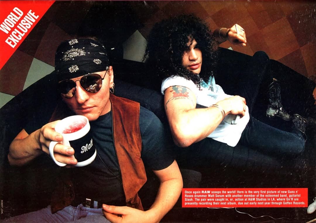 Happy 65th birthday to <a href="/mattsorum/">matt sorum</a> - here in his very first photoshoot as a new member of Guns N' Roses! 
Photo by Robert John at A&amp;M Studios in L.A., taken during the recording of Use Your Illusion I and II. RAW Magazine exclusive, August 1990. 

#Slash #gnr #GunsNRoses