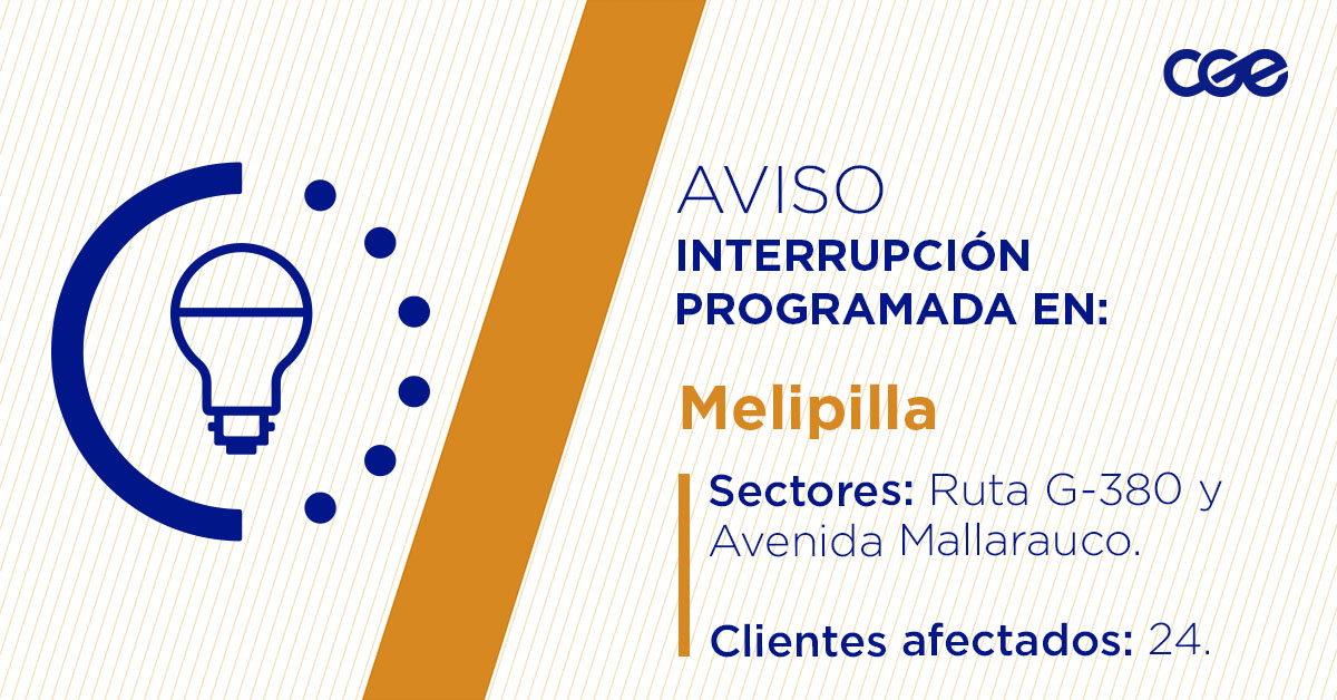 CGE_Clientes's tweet image. Para mejorar la calidad del suministro de nuestros clientes de #Melipilla, este viernes, entre 11:00 y 17:00 horas, se realizará una #InterrupciónProgramada (sectores en la imagen 👇) debido a trabajos de mejoras. Esto afectará a 24 clientes. Recuerda desconectar tus artefactos…