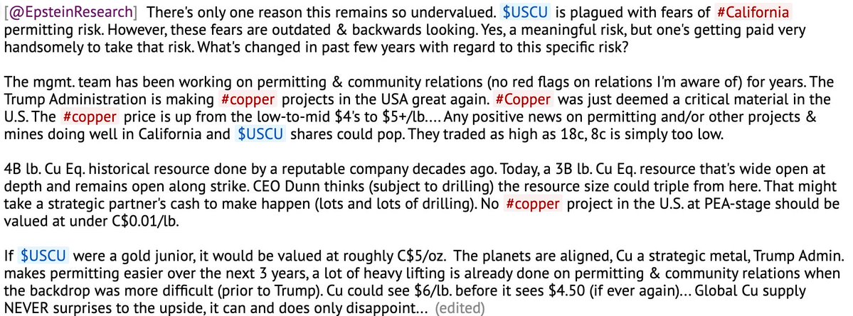 peterepstein2's tweet image. If one&apos;s bullish on #copper over the next several years, please check out US Copper, $USCU.v It has 3B lbs. Cu Eq. in the USA. See below. Article link above! Trading at &amp;lt; C$0.01/lb., why? Buying opportunity? #Copper in the U.S. is good, #California will be fine! @US_copper