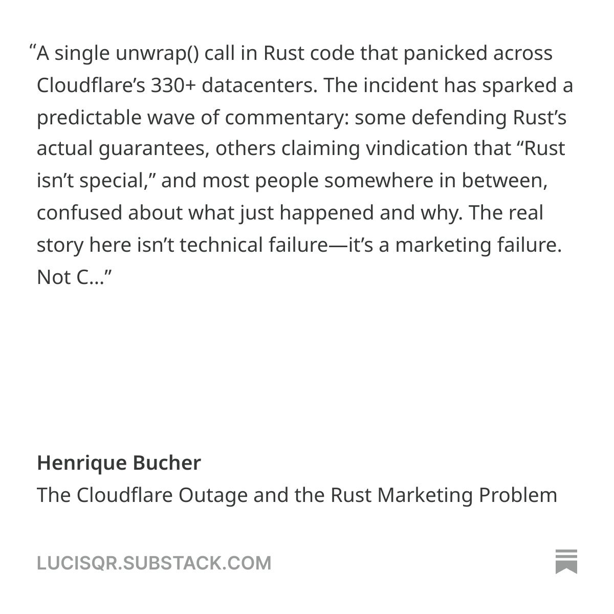 swayaminsync's tweet image. The Cloudflare Outage and the Rust Marketing Problem

lucisqr.substack.com/p/the-cloudfla…