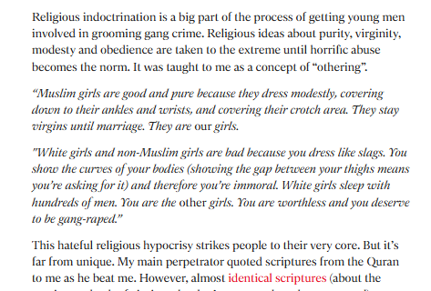 Babygravy9's tweet image. From the mouth of an English grooming-gang victim:

As a teenager, I was taken to various houses and flats above takeaways in the north of England, to be beaten, tortured and raped over 100 times. I was called a “white slag” and “white c***” as they beat me.

They made it clear…