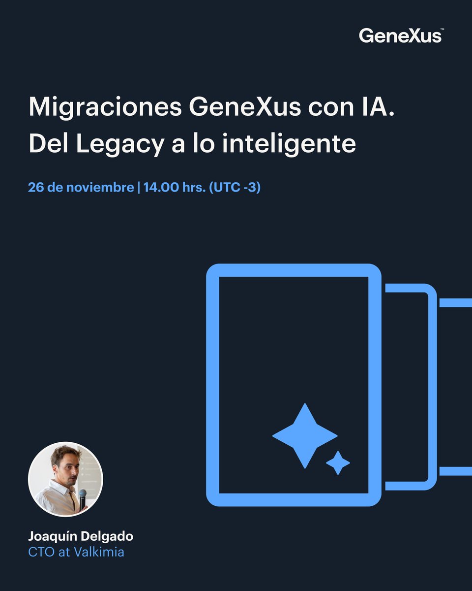 GeneXus's tweet image. Descubre cómo aplicar IA y Low-Code para automatizar tareas repetitivas y reducir tiempos de actualización en proyectos de misión crítica. 
➡️ hubs.la/Q03V1VqC0.

📆 Miércoles 26 de noviembre, 2.00 pm (UTC -3)
🌐 Online
.
.
.
@Valkimia | #LowCode #AI #TransformaciónLegacy