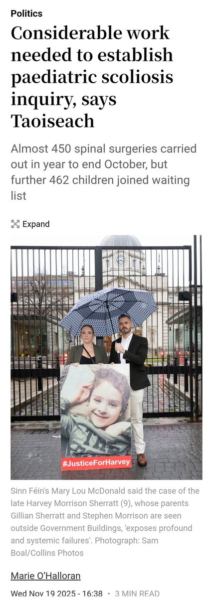 Sinn Féin's Mary Lou McDonald said the case of the late Harvey Morrison Sherratt (9), R.I.P whose parents Gillian Sherratt and Stephen Morrison are seen outside Government Buildings, 'exposes profound and systemic failures'.

Ms McDonald said Harvey’s experience was “by no means