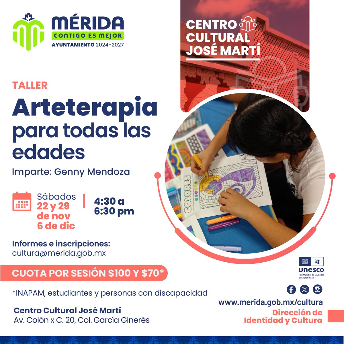 El Centro Cultural José Martí es un espacio multidisciplinario donde se fomenta la creatividad. Te invitamos a un taller creativo con actividades que mejorarán la concentración, motricidad y expresión. aquí te dejamos los datos y sesiones.👇#MéridaContigoEsMejor <a href="/CeciliaPatronL/">Cecilia Patrón Laviada</a>