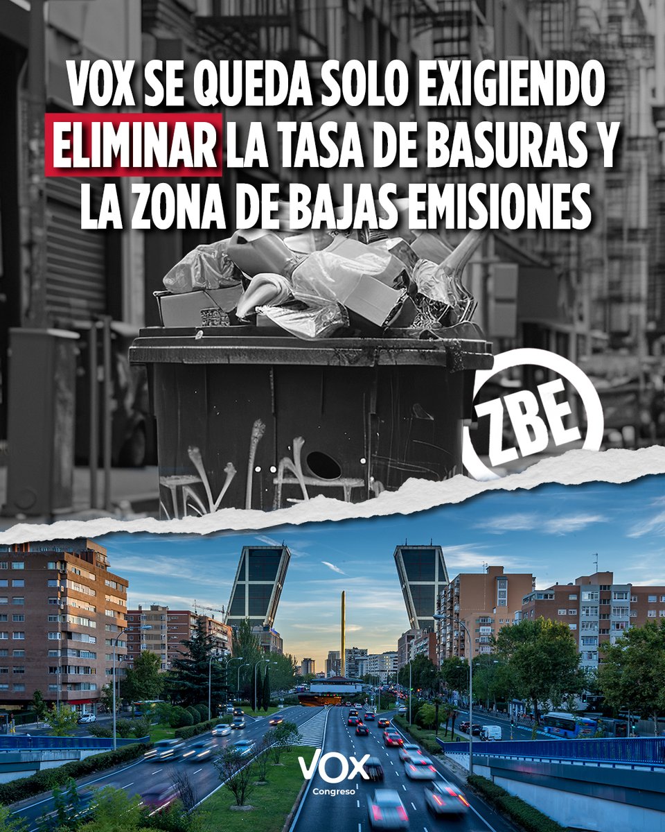 ‼️ #URGENTE 

VOX se queda solo exigiendo eliminar la tasa de basuras y la zona de bajas emisiones.

PP y PSOE unidos una vez más para seguir robando a los españoles.