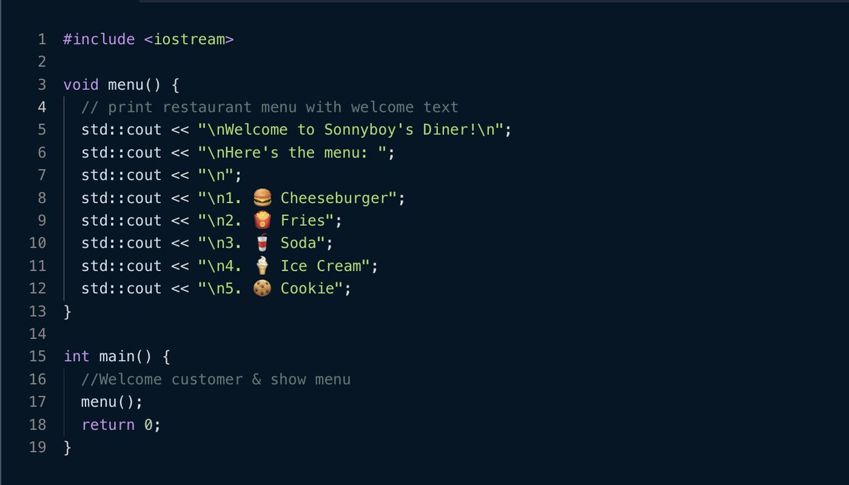AnthonyYoungDev's tweet image. Obj: Create a drive_thru.cpp program that prints out your favorite fast food chain&apos;s menu
#codedex #cpp