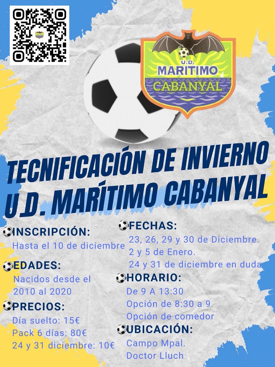 MaritimoCabanal's tweet photo. 📝 Tecnificación del Marítimo Cabanyal en Invierno para jugadores nacidos entre el 2010 y 2020!
Fecha límite para apuntarse será el Miércoles 10 de diciembre a las 23:59.

Cualquier duda podéis poneros en contacto vía Yulava o WhatsApp con Carlos Sevilla.

https://t.co/q0FeE968hT https://t.co/kVEMp0lGX6