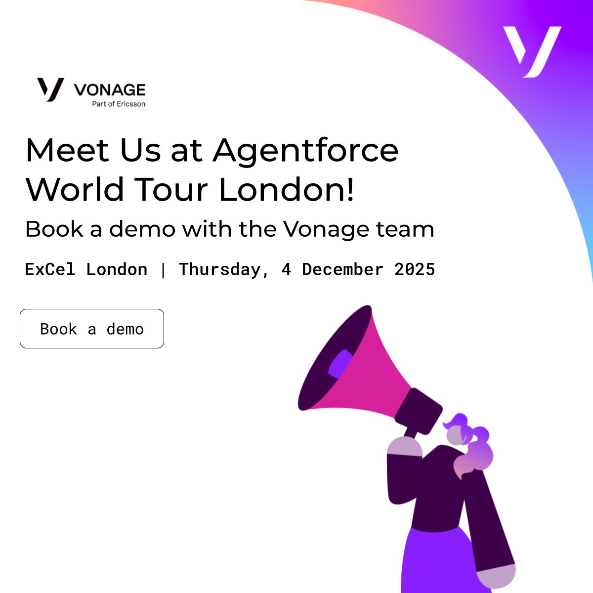 Vonage's tweet image. Headed to Agentforce World Tour London? #Vonage will be there! Book time with our experts to explore how to optimize your agentic contact center.

👉 bit.ly/47OTVzH