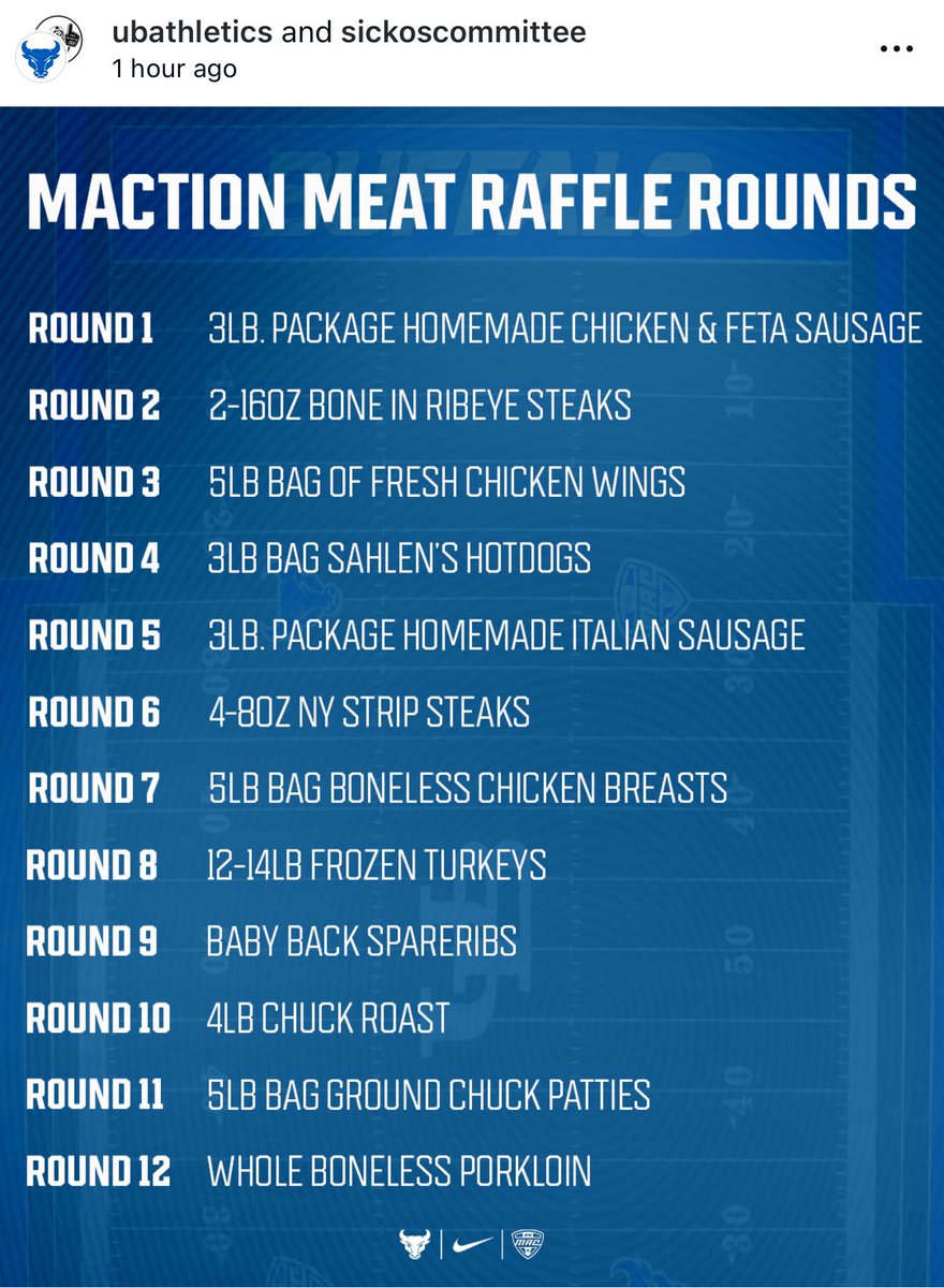 SickosCommittee's tweet photo. 12 ROUNDS OF THE MACTION MEAT RAFFLE @UBAthletics https://t.co/JBCfYkGLg3
