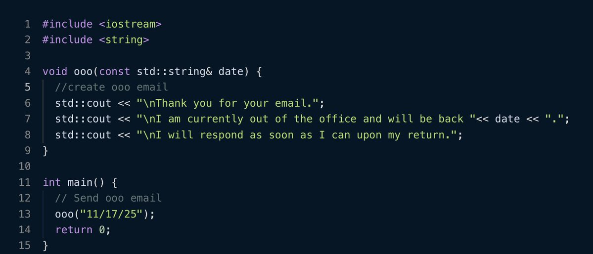 AnthonyYoungDev's tweet image. Obj: Create a ooo.cpp program with a ooo_message() function
#codedex #cpp