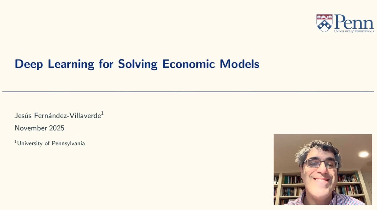 vimacro_org's tweet image. Excellent VIMM #seminar and discussions with @JesusFerna7026 (@Penn), who presented his paper "Deep learning for solving economic models"

Thank you Jesús for this great seminar!

Video, Codes &amp;amp; Paper: vimacro.org/jesus-fernande…

#Economics #Research #MachineLearning #NeuralNetworks