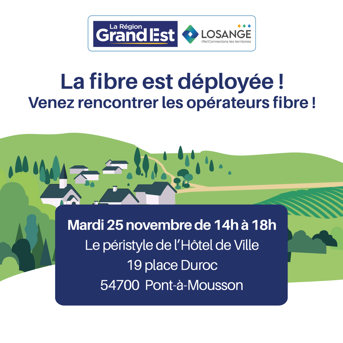[PERMANENCE OPÉRATEURS] 🚀 Passez à la vitesse supérieure à Pont-à-Mousson avec la #fibre optique !
Une permanence opérateurs se tiendra :

🗓 Mardi 25 novembre de 14h à 18h
Le péristyle de l’Hôtel de Ville
19 place Duroc à Pont-à-Mousson

Abonnez-vous !