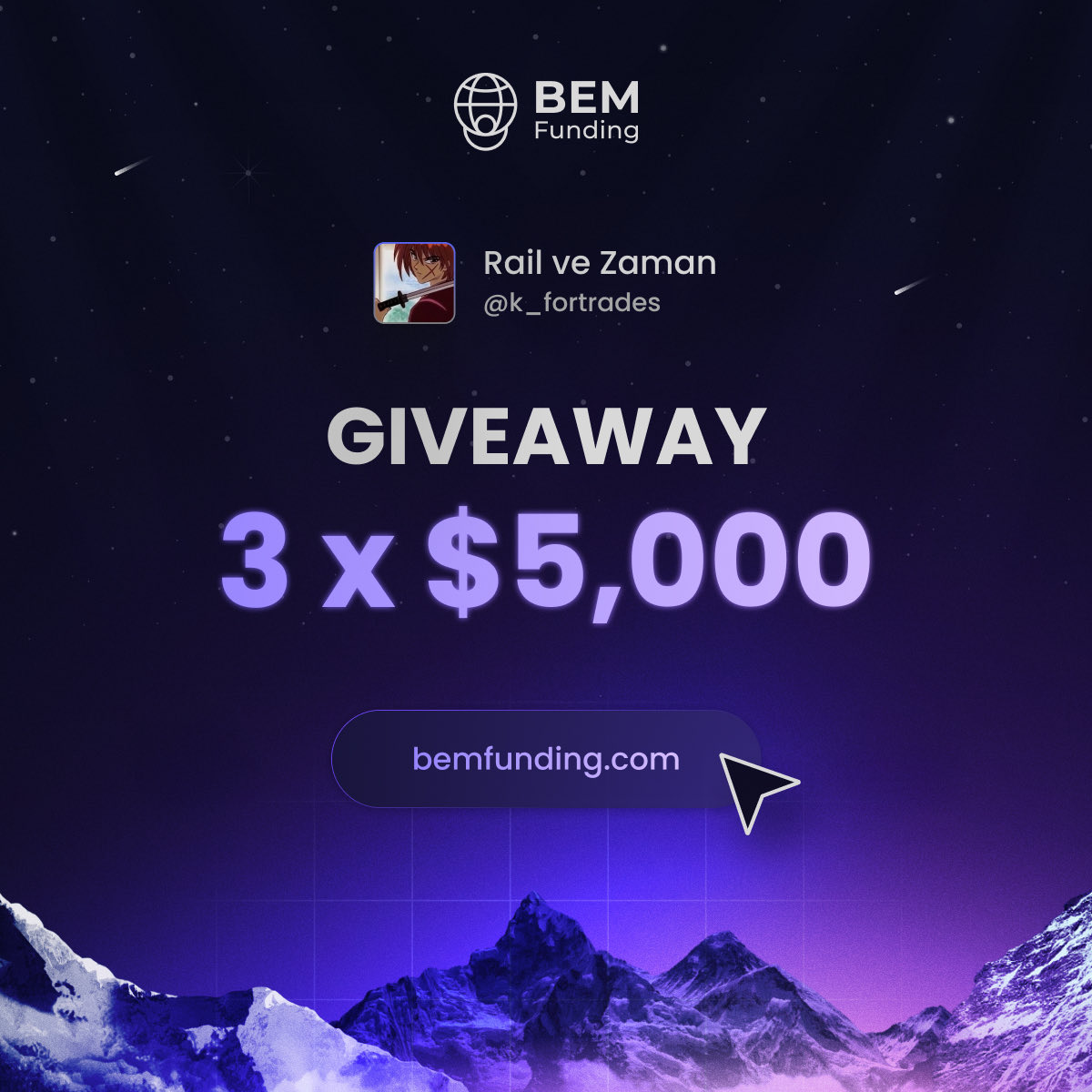 kaanxbt's tweet image. BEM FUNDING 3x$5,000 GIVEAWAY

1. Follow @UnbeatableRiku and @BemFunding
 
2. Like and Repost

3. Tag 2 friends