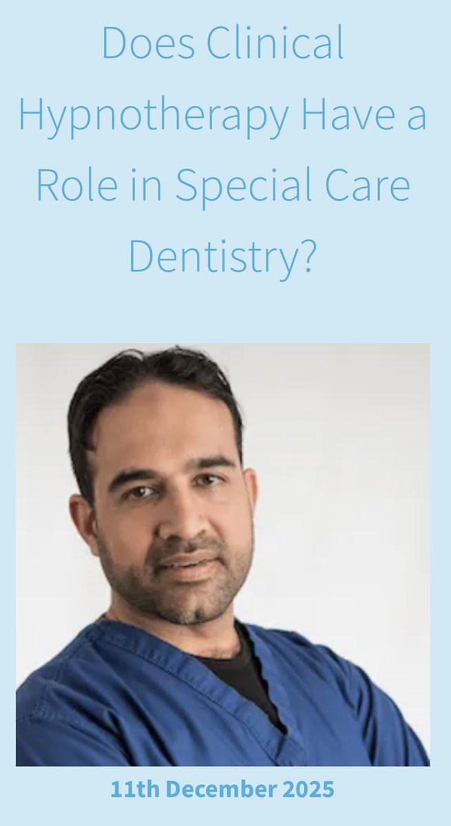📢 New ISDH Webinar!

Does clinical hypnotherapy have a role in Special Care Dentistry?

Join us on 11th December 2025 with Dr. Munir Ravalia as we explore communication, subconscious behaviour, and practical tips for IV/IHS sedation.

Register here 👉 us02web.zoom.us/webinar/regist…