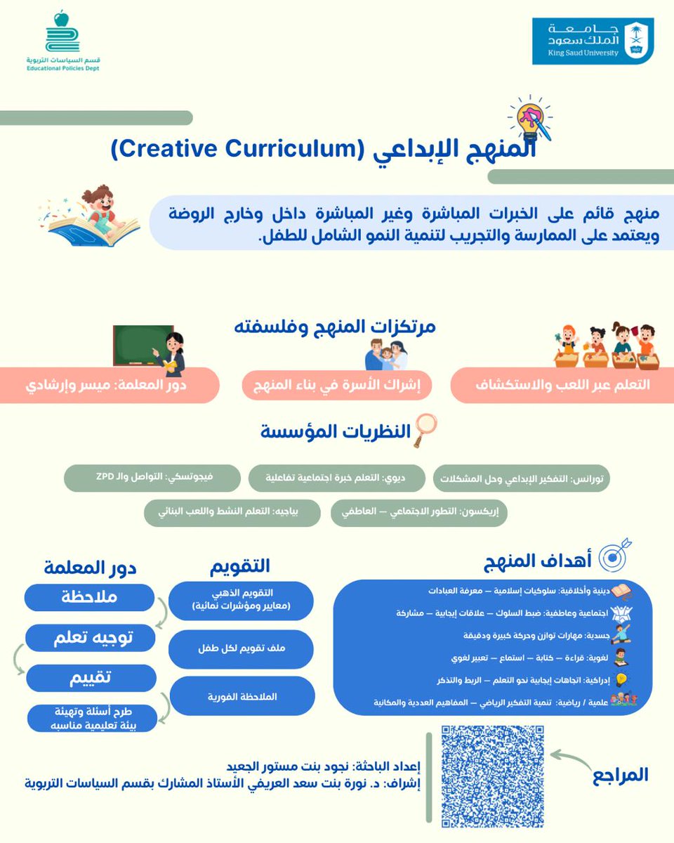 في #اليوم_العالمي_للطفل نحتفي بكل منهجٍ يمنح الطفل فرصة للتعلّم عبر اللعب والاكتشاف والتجريب. فالمنهج الإبداعي يضع #الطفل في مركز العملية التعليمية، ويعزز نموه الشامل معرفيًا واجتماعيًا وانفعاليًا، مستندًا إلى دور فعّال للمعلمة وأسرة تشارك في بناء خبراته. 🌱👧🧒✨