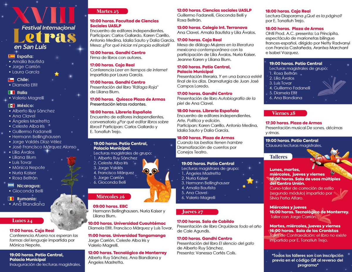 ¡Este lunes 24 de noviembre comienza el #FestivalInternacionalLetrasEnSanLuis!

Aspirantes al Nobel de Literatura como <a href="/GiocondaBelliP/">Gioconda Belli</a> y <a href="/Ana_Blandiana/">Ana Blandiana</a> y escritores legendarios como <a href="/magamastretta/">Ángeles Mastretta</a> <a href="/AlbertoRuy/">Alberto RUY-SÁNCHEZ</a> <a href="/GFadanelli/">Guillermo Fadanelli</a> Liliana Blum y Diamela Eltit estarán en #SanLuisCapital.