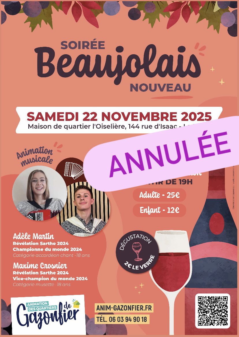 AnimGazonfier's tweet photo. 🍁🍇 #SoiréeBeaujolaisNouveau de #Gazonfier 🍷🍂

⚠️ ÉDITION 2025 ANNULÉE ⚠️

😟 Compte-tenu du faible nombre de participants inscrits, c'est avec tristesse et déception que nous vous annonçons que celle-ci n’aura pas lieu 😢 https://t.co/z89l2VzVqo