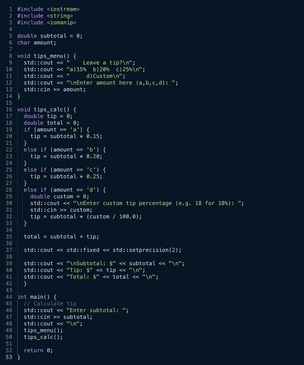 AnthonyYoungDev's tweet image. Obj: Write a C++ program that mimics a &quot;Leave a Tip&quot; screen.
#codedex #cpp