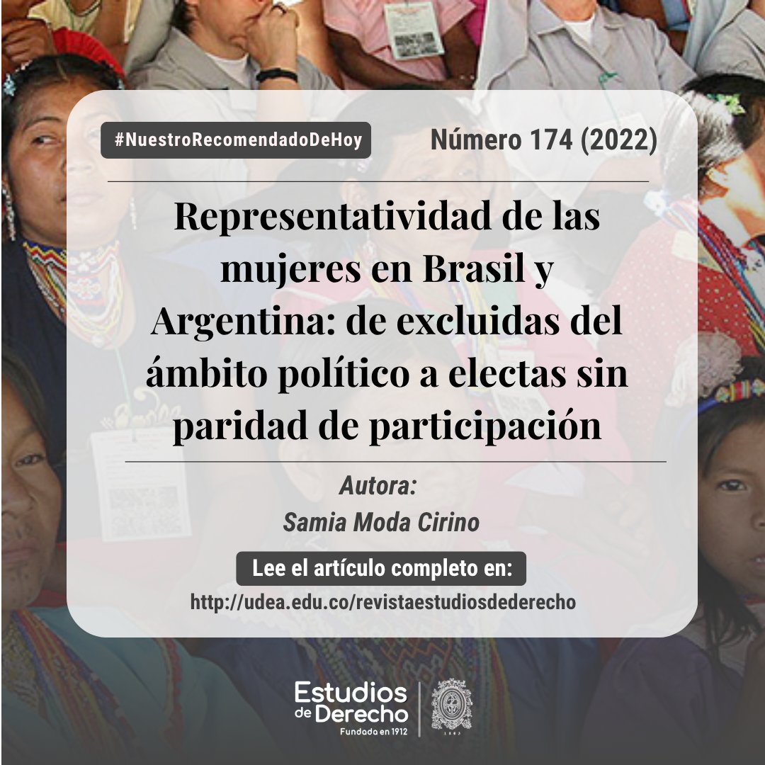 #RecomendadoDeHoy  
"Representatividad de las mujeres en Brasil y Argentina: de excluidas del ámbito político a electas sin paridad de participación" de Samia Moda Cirino. Núm. 174 (2022). Disponible en n9.cl/3yzyj