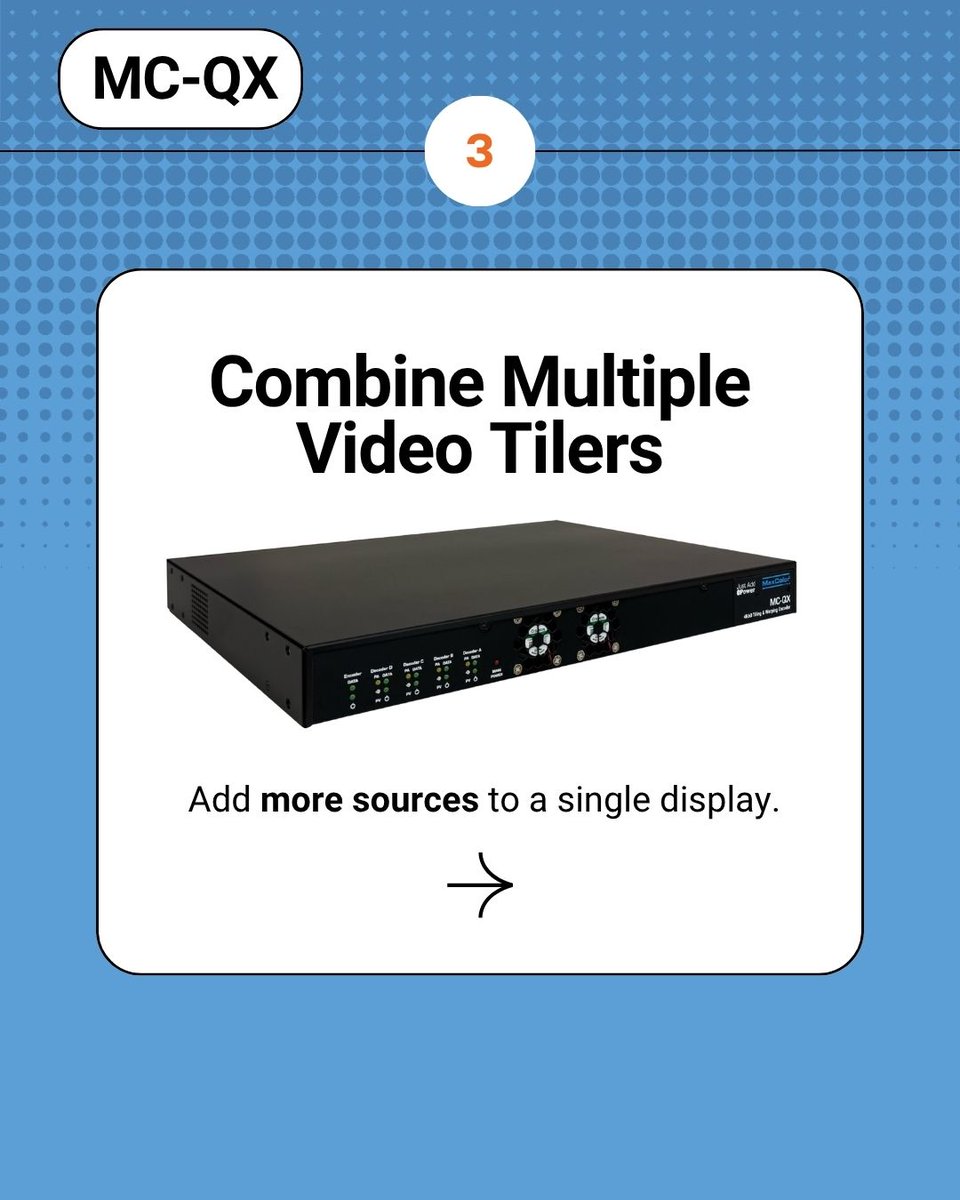 MC-QX 4K60 Encoder: Video Tiling + 360° Rotation 🔄
✅ Tile up to 4 sources
✅ 0.1° rotation control
✅ Artistic video walls
✅ All Audio Formats

Built on MaxColor, MC-QX delivers visually lossless 4K60 over 1Gb for stunning, flexible AV installs!

justaddpower.com/products/mc-qx/