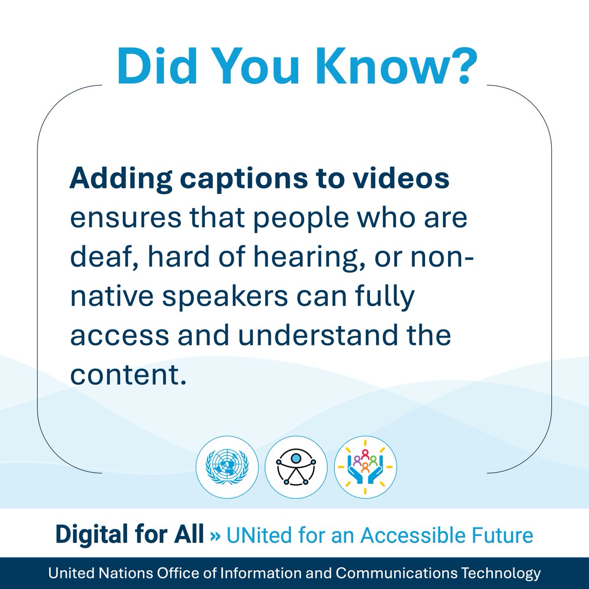 UN_OICT's tweet image. Today’s accessibility tip:
Adding captions to videos ensures people who are deaf, hard of hearing or non-native speakers can fully access and understand the content.
Accessibility benefits everyone.
#AccessibilityForAll #IDPD2025