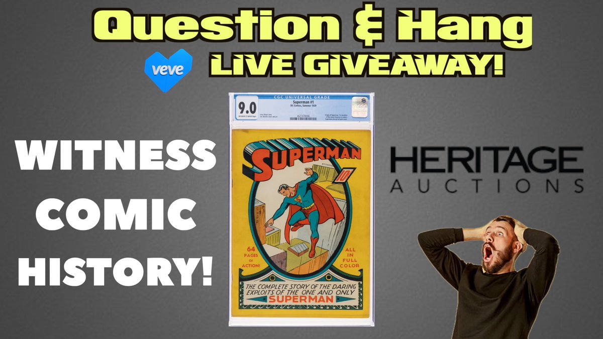 ComicsandCrypto's tweet image. LIVE GIVEAWAY + COMIC HISTORY!  

Join us LIVE Thurs 11/20 @ 10am PST for another episode of Question &amp;amp; Hang!   

In this episode, we&apos;ll be giving away a @veve_official digital collectible + witnessing comic history! We&apos;ll live stream the Superman #1 CGC 9.0 comic sale happening…